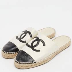 Pre Owned Chanel Black/White Leather CC Cap Toe Espadrille Flat Mules Size 41