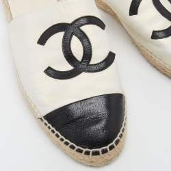 Pre Owned Chanel Black/White Leather CC Cap Toe Espadrille Flat Mules Size 41