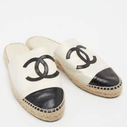 Pre Owned Chanel Black/White Leather CC Cap Toe Espadrille Flat Mules Size 41