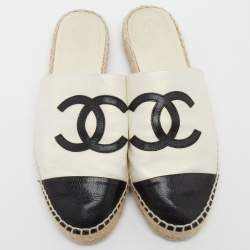 Pre Owned Chanel Black/White Leather CC Cap Toe Espadrille Flat Mules Size 41