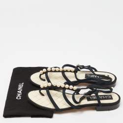 Pre Owned Chanel Black Canvas Pearl Embellished Thong Flat Sandals Size 37