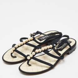 Pre Owned Chanel Black Canvas Pearl Embellished Thong Flat Sandals Size 37