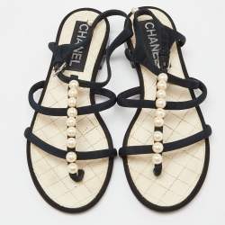 Pre Owned Chanel Black Canvas Pearl Embellished Thong Flat Sandals Size 37