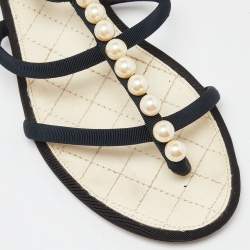 Pre Owned Chanel Black Canvas Pearl Embellished Thong Flat Sandals Size 37