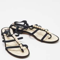 Pre Owned Chanel Black Canvas Pearl Embellished Thong Flat Sandals Size 37