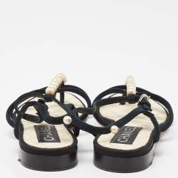 Pre Owned Chanel Black Canvas Pearl Embellished Thong Flat Sandals Size 37