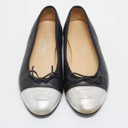 Chanel Black/Silver Leather CC  Cap Toe Ballet Flats Size 36