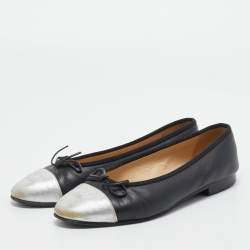 Pre Owned Chanel Black/Silver Leather CC  Cap Toe Ballet Flats Size 36