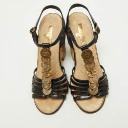 Pre Owned Chanel Black Leather CC Coin Embellished T-Bar Ankle Strap Wedge Sandals Size 37