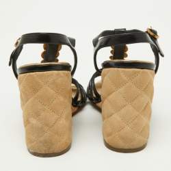 Pre Owned Chanel Black Leather CC Coin Embellished T-Bar Ankle Strap Wedge Sandals Size 37