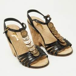 Pre Owned Chanel Black Leather CC Coin Embellished T-Bar Ankle Strap Wedge Sandals Size 37