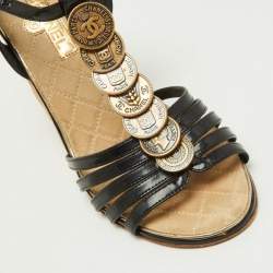 Pre Owned Chanel Black Leather CC Coin Embellished T-Bar Ankle Strap Wedge Sandals Size 37