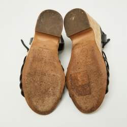 Pre Owned Chanel Black Leather CC Coin Embellished T-Bar Ankle Strap Wedge Sandals Size 37