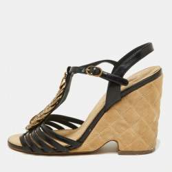 Pre Owned Chanel Black Leather CC Coin Embellished T-Bar Ankle Strap Wedge Sandals Size 37