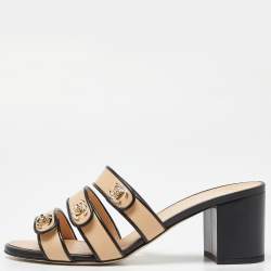 مملوكة مسبقًا Chanel Beige/Black Leather CC Turn Lock Block Heel Slide Sandals Size 40