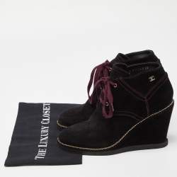Chanel Black Suede Chain Link CC Wedge Boots Size 39