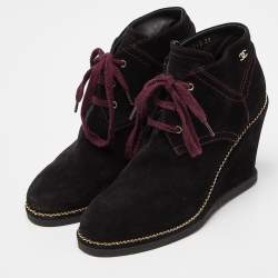Chanel Black Suede Chain Link CC Wedge Boots Size 39