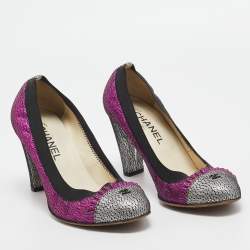 Chanel Silver/Pink Lace Foil Leather CC Cap Toe Pumps Size 40