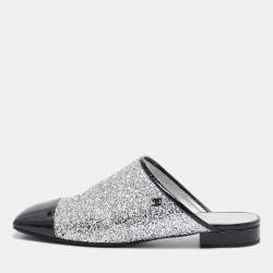 Chanel Silver/Black Coarse Glitter and Patent Cap Toe CC Mules Size 40