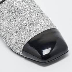 Chanel Silver/Black Coarse Glitter and Patent Cap Toe CC Mules Size 40