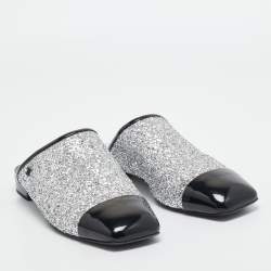 Chanel Silver/Black Coarse Glitter and Patent Cap Toe CC Mules Size 40