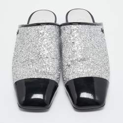Chanel Silver/Black Coarse Glitter and Patent Cap Toe CC Mules Size 40