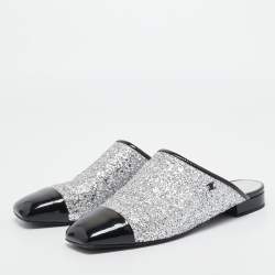 Chanel Silver/Black Coarse Glitter and Patent Cap Toe CC Mules Size 40