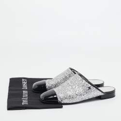 Chanel Silver/Black Coarse Glitter and Patent Cap Toe CC Mules Size 40