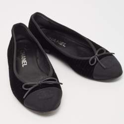Pre Owned Chanel Black Velvet And Canvas Cap CC Ballet Flats Size 37