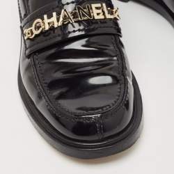 Pre Owned Chanel Black Leather Logo Slip On Loafers Size 36