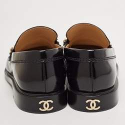 Pre Owned Chanel Black Leather Logo Slip On Loafers Size 36
