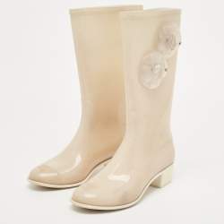 Chanel Beige Glitter Rubber CC Camellia Rain Boots Size 37