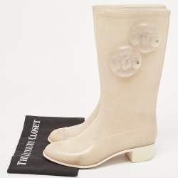 Chanel Beige Glitter Rubber CC Camellia Rain Boots Size 37