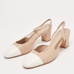 Pre Owned Chanel Beige/White Leather CC D'orsay Slingback Pumps Size 39