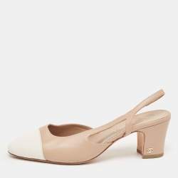 Pre Owned Chanel Beige/White Leather CC D'orsay Slingback Pumps Size 39