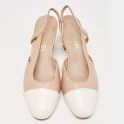 Pre Owned Chanel Beige/White Leather CC D'orsay Slingback Pumps Size 39