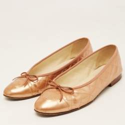 Pre Owned Chanel Metallic Orange Quilted Patent Leather CC Bow Ballet Flats Size 40