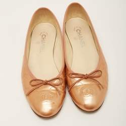 Pre Owned Chanel Metallic Orange Quilted Patent Leather CC Bow Ballet Flats Size 40