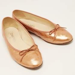Pre Owned Chanel Metallic Orange Quilted Patent Leather CC Bow Ballet Flats Size 40