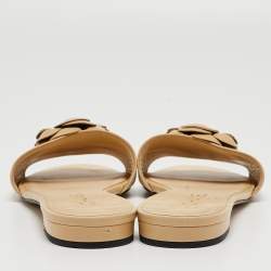 Chanel Beige Leather Camellia Open Toe Flat Slides Size 36.5