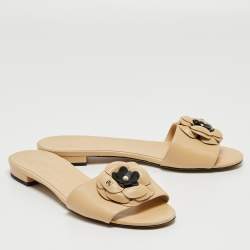 Chanel Beige Leather Camellia Open Toe Flat Slides Size 36.5
