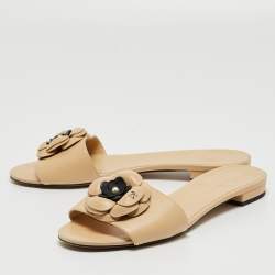 Chanel Beige Leather Camellia Open Toe Flat Slides Size 36.5