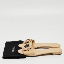 Chanel Beige Leather Camellia Open Toe Flat Slides Size 36.5