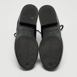 Pre Owned Chanel Black Leather Quilted Leather CC Lace Up Boots Size 37.5