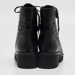 Pre Owned Chanel Black Leather Quilted Leather CC Lace Up Boots Size 37.5