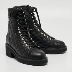 Pre Owned Chanel Black Leather Quilted Leather CC Lace Up Boots Size 37.5