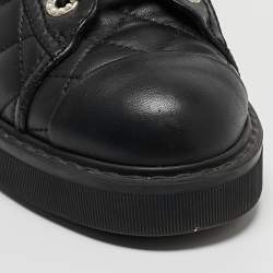 Pre Owned Chanel Black Leather Quilted Leather CC Lace Up Boots Size 37.5