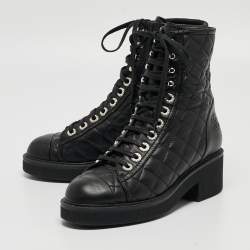 Pre Owned Chanel Black Leather Quilted Leather CC Lace Up Boots Size 37.5