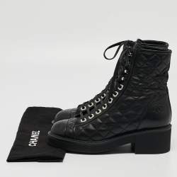 Pre Owned Chanel Black Leather Quilted Leather CC Lace Up Boots Size 37.5