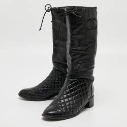 Chanel Black Quilted Leather CC Mid Calf Boots Size 39